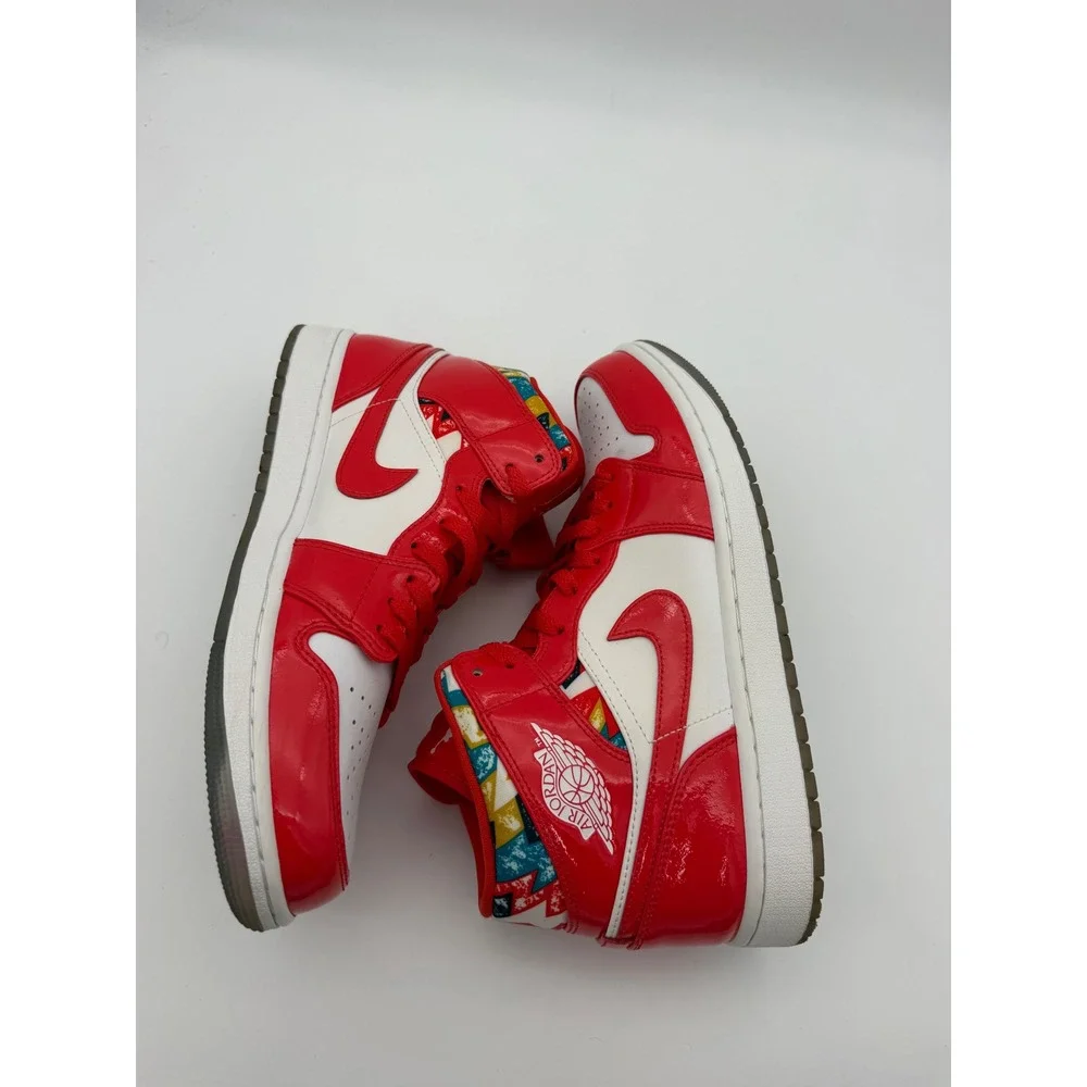 Jordan 1 Mid Chile Red White Patent Leather Sneakers DC7294-600 Mens 9.5